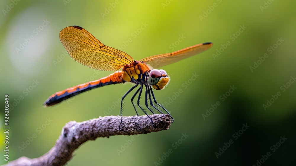 A dragonfly up-close on a branch against blurred trees and shrubs backdrop A dragonfly up-close on a branch against blurred trees and shrubs backdrop