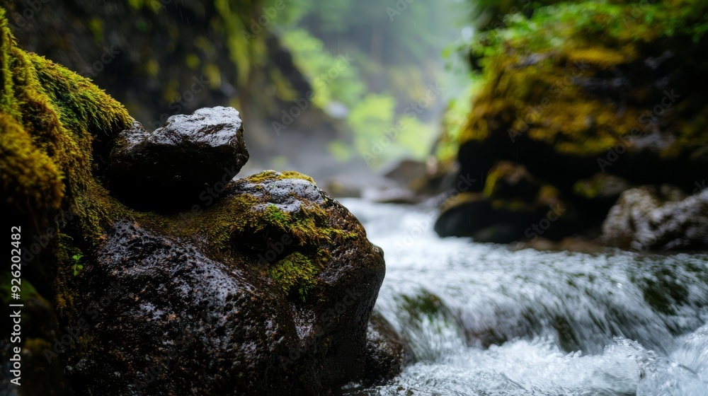 A stream runs through a lush, green forest, lined with rocks and moss-covered banks alongside the river A stream runs through a lush, green forest, lined with rocks and moss-covered banks alongside the river