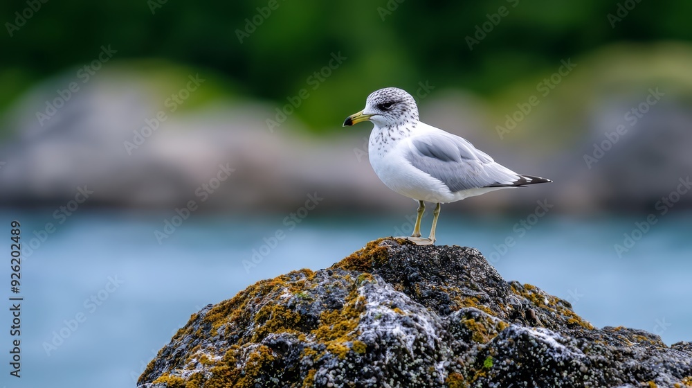 Seagull atop rock by water's edge, trees in backdrop Seagull atop rock by water's edge, trees in backdrop