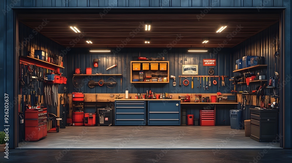 Well-organized modern garage interior with tools on racks, high-quality realistic image, perfect for home design presentations. Well-organized modern garage interior with tools on racks, high-quality realistic image, perfect for home design presentations.