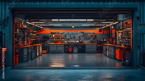 Realistic high-quality image of a well-organized modern garage with tool racks, showcasing clean and efficient storage solutions.