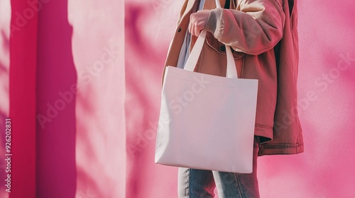 Wallpaper Mural Perfect for branding mockups, the lower half of a person holds a white tote bag that is blank against a pink background. AI Generative Torontodigital.ca