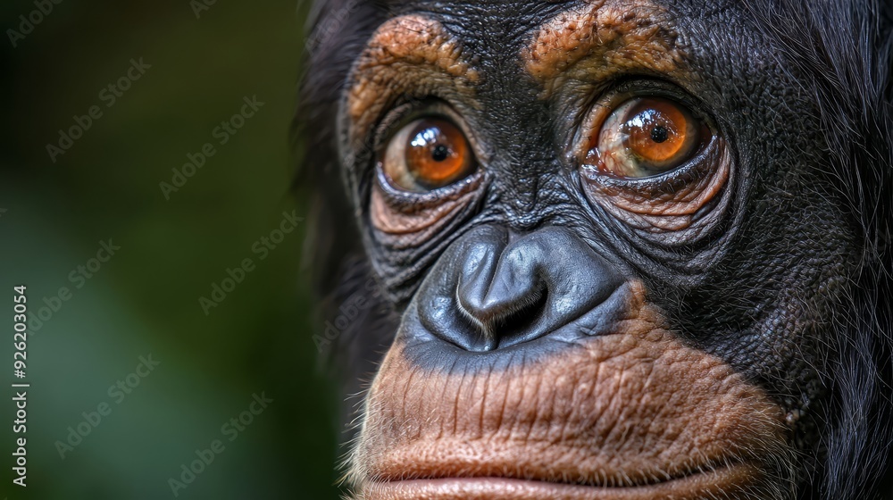 A tight shot of a monkey's face reveals its left eye displaying an orange hue A tight shot of a monkey's face reveals its left eye displaying an orange hue