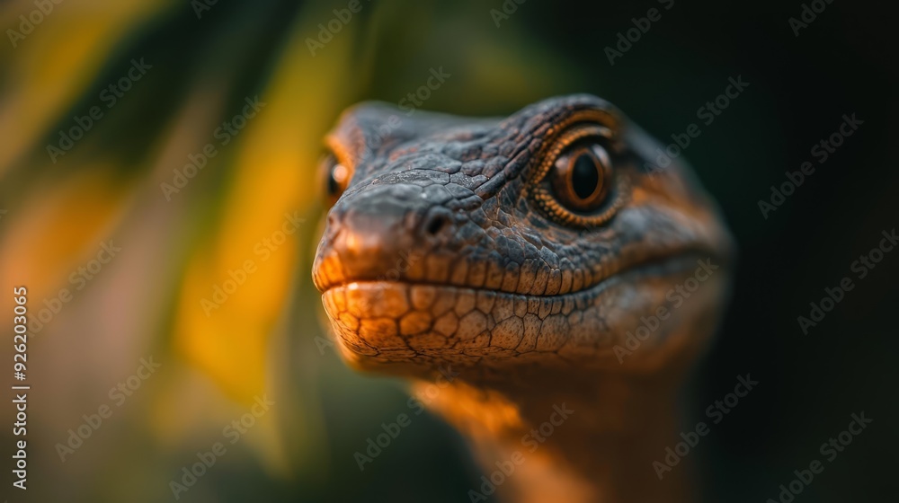 A tight shot of a lizard's expressive face, with a verdant plant serving as the backdrop Background softly blurred A tight shot of a lizard's expressive face, with a verdant plant serving as the backdrop Background softly blurred