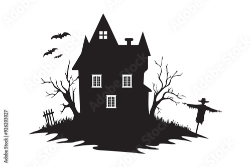 Halloween Horor house with dead tree, bat and Ghost silhouette vector icon
