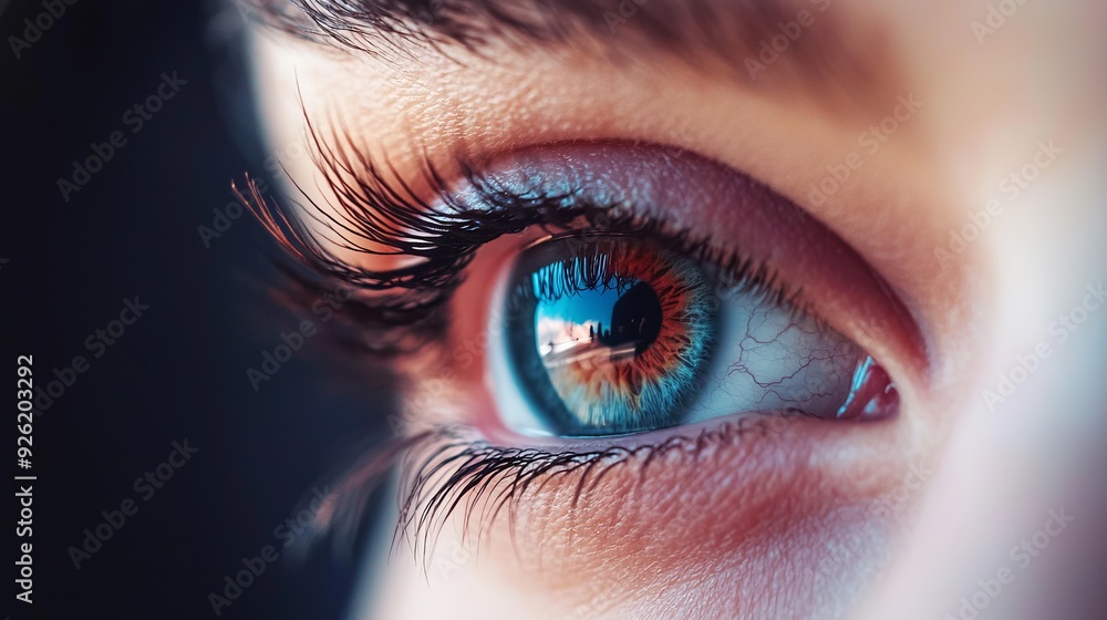 A tight shot of an eye, its iris reflecting a building A tight shot of an eye, its iris reflecting a building