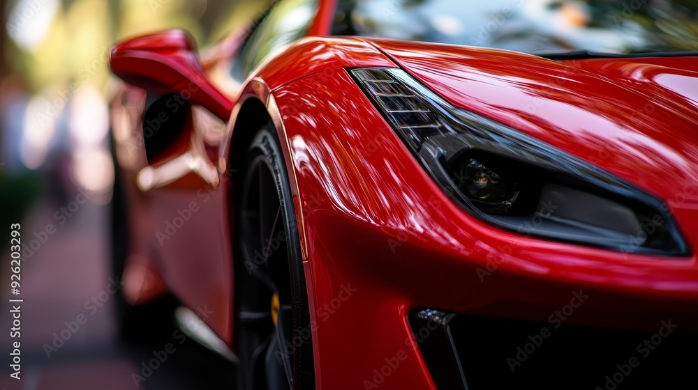 A tight shot of a red sports car's front grille on a city street Background includes trees and structures A tight shot of a red sports car's front grille on a city street Background includes trees and structures