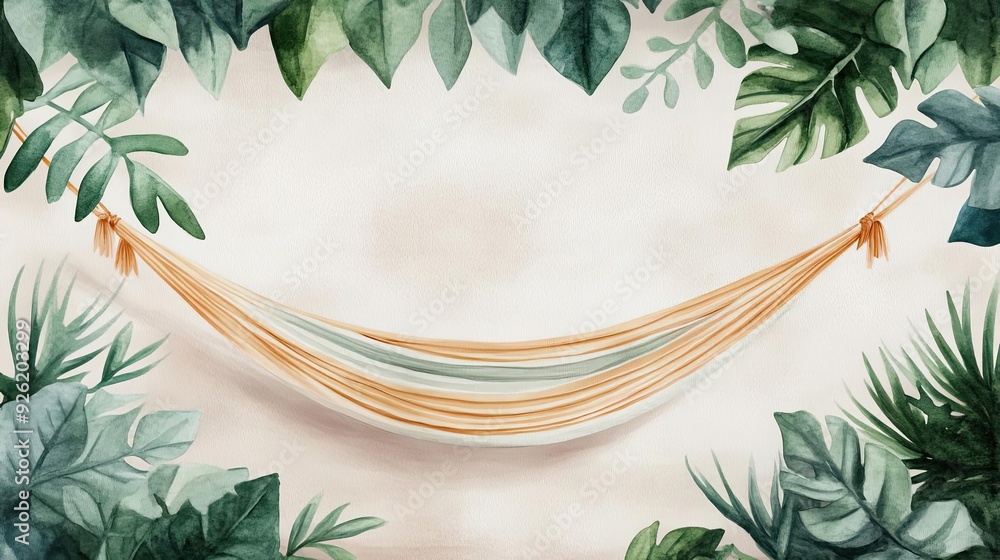 A serene illustration of a hammock surrounded by lush tropical leaves, perfect for relaxation and nature themes.