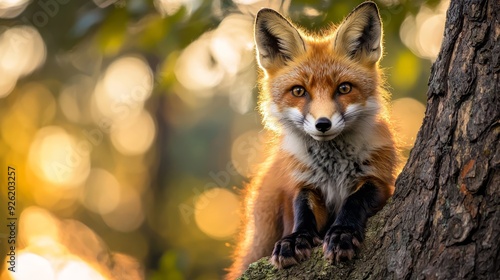  A fox up-close on a tree branch, background of trees and leaves softly blurred