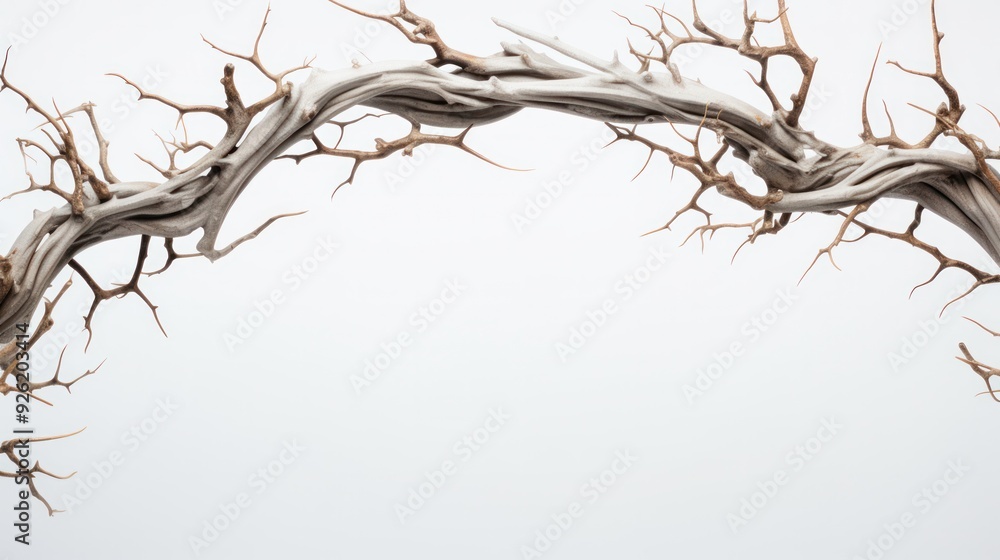 A creative composition featuring a variety of thorns and branches artistically arranged on a white background, A creative composition featuring a variety of thorns and branches artistically arranged on a white background,