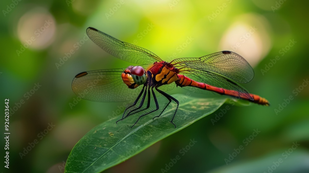 A red dragonfly up-close on a green leaf, background softly blurred A red dragonfly up-close on a green leaf, background softly blurred