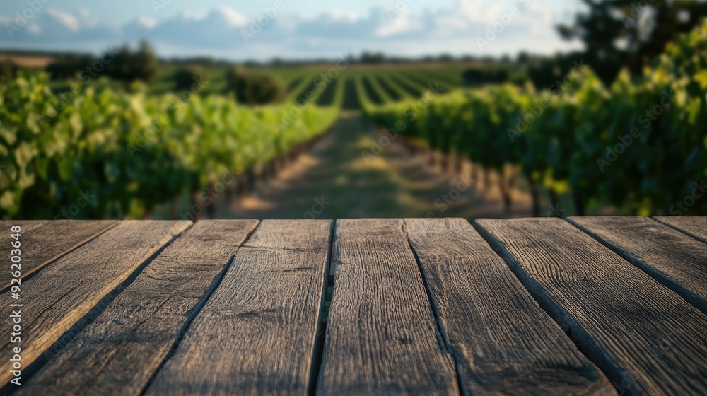Wooden table in focus with a French vineyard blurred in the background, creating a serene and inviting scene for product showcase Wooden table in focus with a French vineyard blurred in the background, creating a serene and inviting scene for product showcase