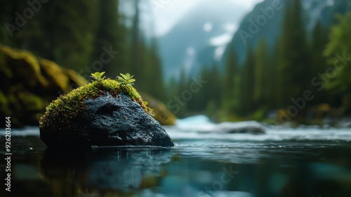  A moss-covered rock in the river's midst, mountain range distantly behind photo