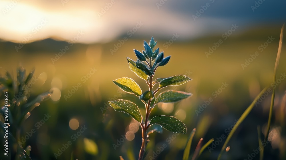 A tight shot of a plant in a field, sun illuminating the blades of grass Sky serves as tranquil backdrop behind A tight shot of a plant in a field, sun illuminating the blades of grass Sky serves as tranquil backdrop behind