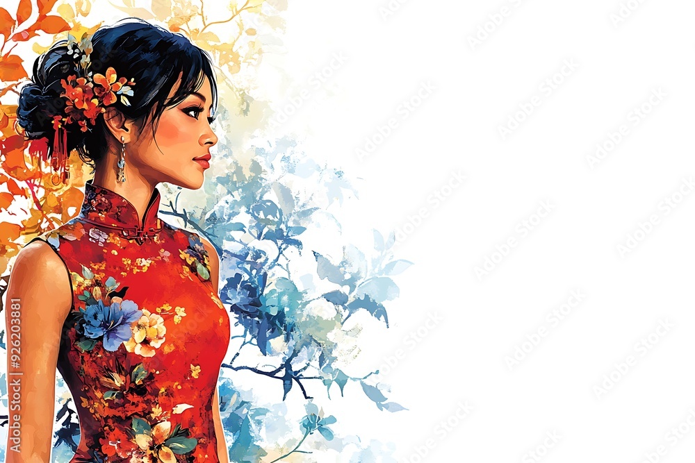 Fototapeta premium Beautiful Asian Woman in Traditional Red Dress with Floral Pattern.