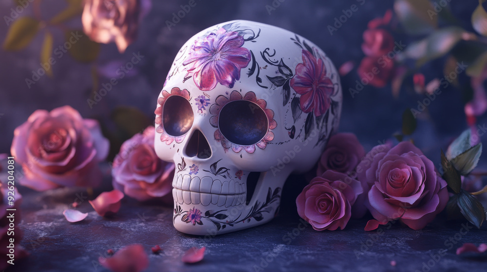 A painted sugar skull with pink floral patterns surrounded by roses, symbolizing Dia de los Muertos. The scene is elegant, with soft lighting, representing remembrance and celebration. A painted sugar skull with pink floral patterns surrounded by roses, symbolizing Dia de los Muertos. The scene is elegant, with soft lighting, representing remembrance and celebration.