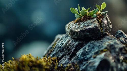  A small plant emerges from a rock's peak, adorned with moss at its summit