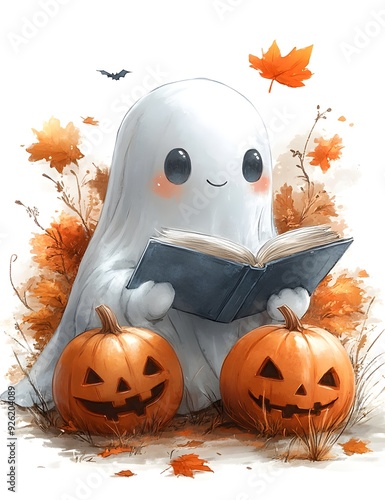 Cute Ghost Reading a Book with Pumpkins in Autumn Foliage 