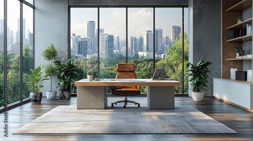 Professional office setup with a minimalist aesthetic, showcasing a clutter-free desk and modern decor, designed for virtual meetings.