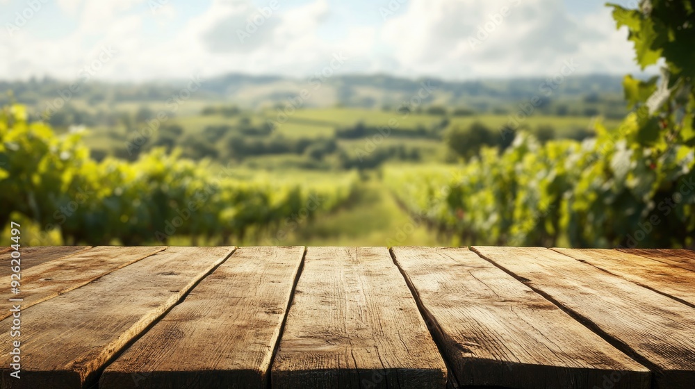 Wooden table in the foreground with a soft-focus view of a French vineyard behind it, ideal for showcasing products in a vineyard setting. Wooden table in the foreground with a soft-focus view of a French vineyard behind it, ideal for showcasing products in a vineyard setting.