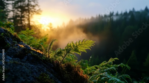  The sun illuminates foggy trees, with ferns flourishing against a rocky wall