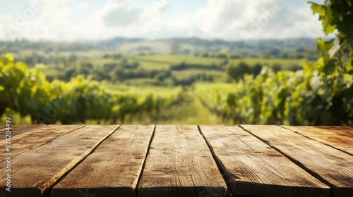Wooden table in the foreground with a soft-focus view of a French vineyard behind it, ideal for showcasing products in a vineyard setting.