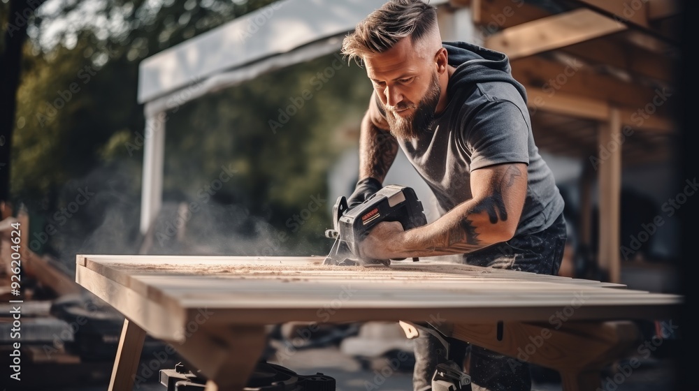 Skilled carpenter employing advanced tech tools and efficient methods in modern carpentry work Skilled carpenter employing advanced tech tools and efficient methods in modern carpentry work