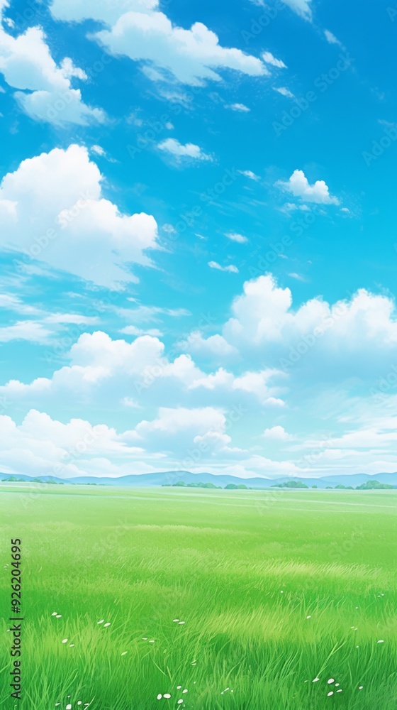 Obraz premium Enchanting Anime-Style Summer Skies: Lush Meadows and Puffy White Clouds Drifting in the Breeze, a Perfect Wide-Format Abstract Art for Game Concept and 4K Wallpapers,anime style