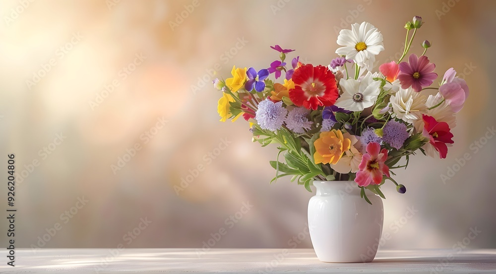 white vase with colorful flowers on the table against a light background white vase with colorful flowers on the table against a light background