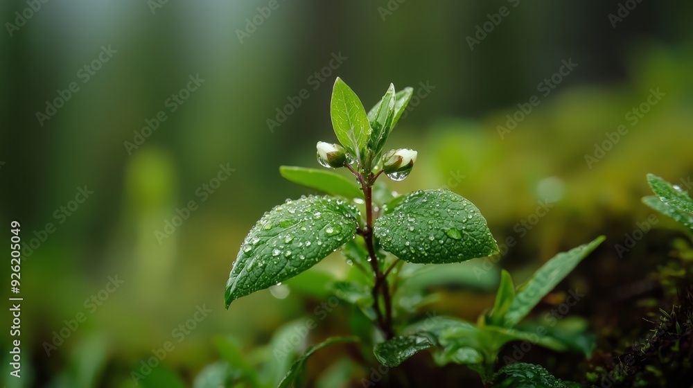 A tight shot of a tiny green plant, dewed-up with water beads on its foliage, set against a backdrop of a dense forest A tight shot of a tiny green plant, dewed-up with water beads on its foliage, set against a backdrop of a dense forest
