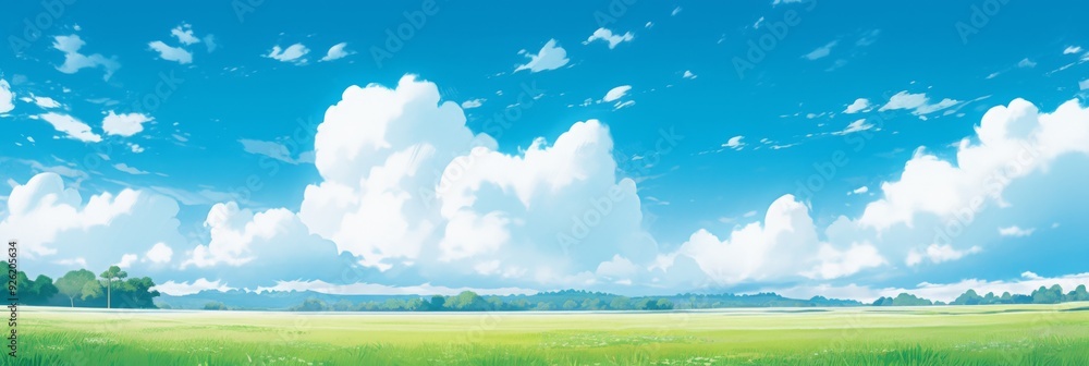 Enchanting Anime-Style Summer Skies: Lush Meadows and Puffy White Clouds Drifting in the Breeze, a Perfect Wide-Format Abstract Art for Game Concept and 4K Wallpapers,anime style Enchanting Anime-Style Summer Skies: Lush Meadows and Puffy White Clouds Drifting in the Breeze, a Perfect Wide-Format Abstract Art for Game Concept and 4K Wallpapers,anime style