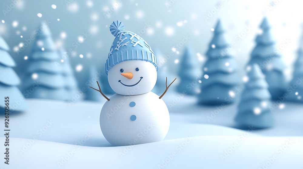 Whimsical Paper Art Snowman with Hat in Snowy Landscape - 3D Render Illustration Whimsical Paper Art Snowman with Hat in Snowy Landscape - 3D Render Illustration