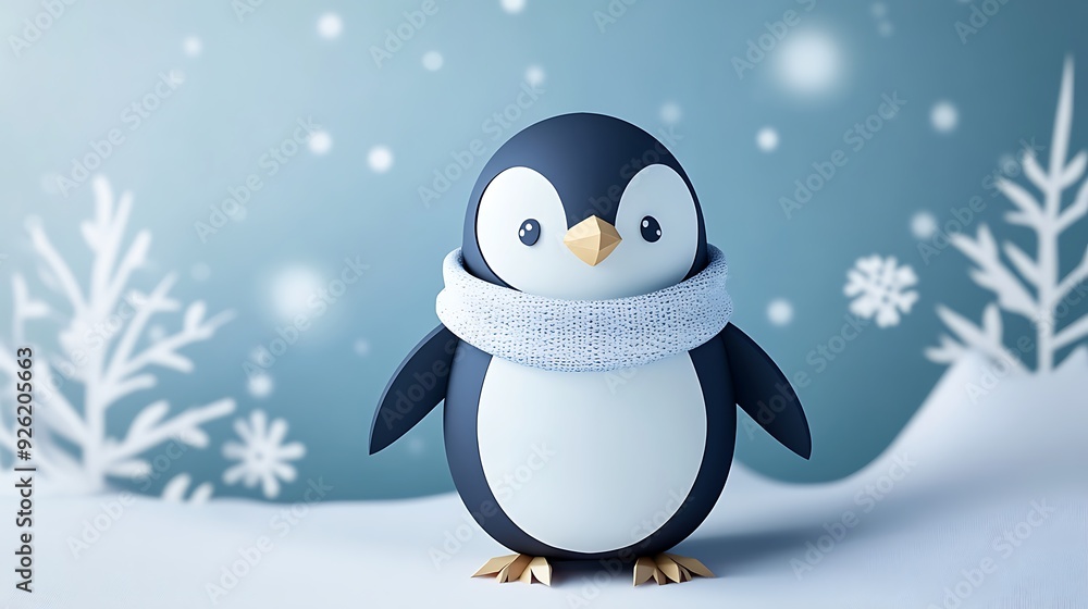 Fototapeta premium Playful Paper Penguin in Winter Wonderland - 3D Render of Adorable Bird Wearing Scarf, Creative Paper Art Style Scene