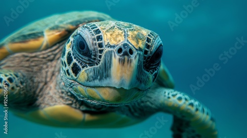  A close-up of a sea turtle's face, head emerging from the water surface