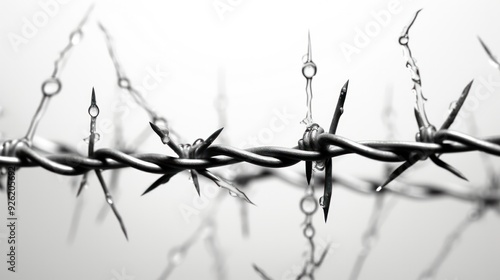 Abstract close-up of thorny branches and sharp thorns against a clean white background, photo