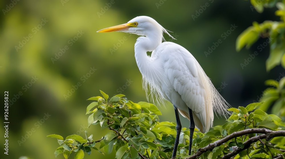 A large white bird perches atop a leafy tree, adjacent to a lush green forest teeming with numerous leaves A large white bird perches atop a leafy tree, adjacent to a lush green forest teeming with numerous leaves