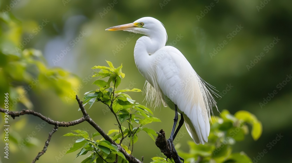 A white bird perches atop a leafy tree, adjacent to a densely leaved green tree A white bird perches atop a leafy tree, adjacent to a densely leaved green tree