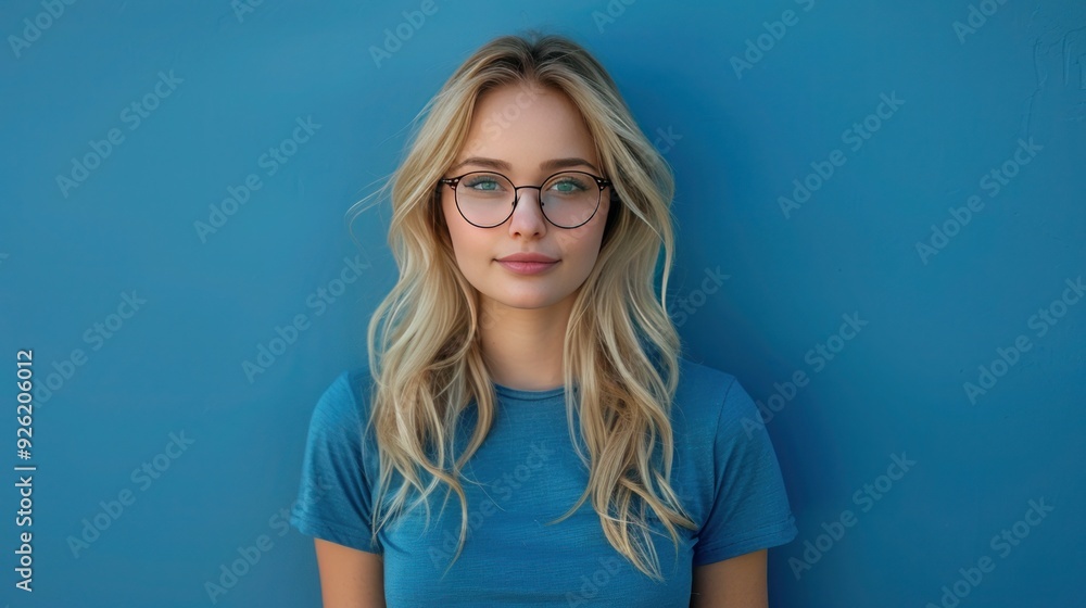 Portrait of young blonde in glasses and blue t-shirt Portrait of young blonde in glasses and blue t-shirt