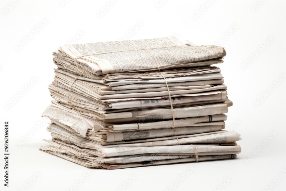 Stacked newspaper white background publication paperwork. Stacked newspaper white background publication paperwork.