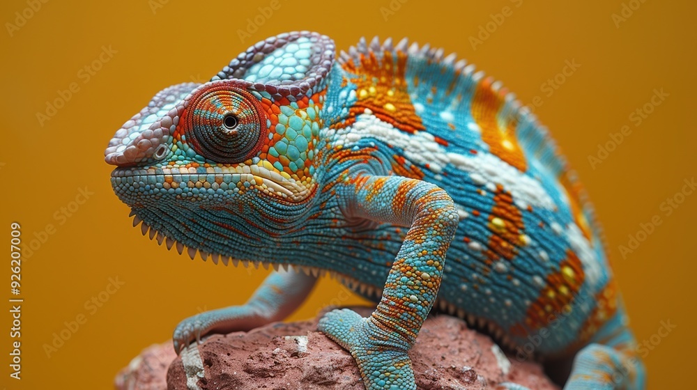 Vibrantly colored chameleon resting on rock against an orange backdrop Vibrantly colored chameleon resting on rock against an orange backdrop