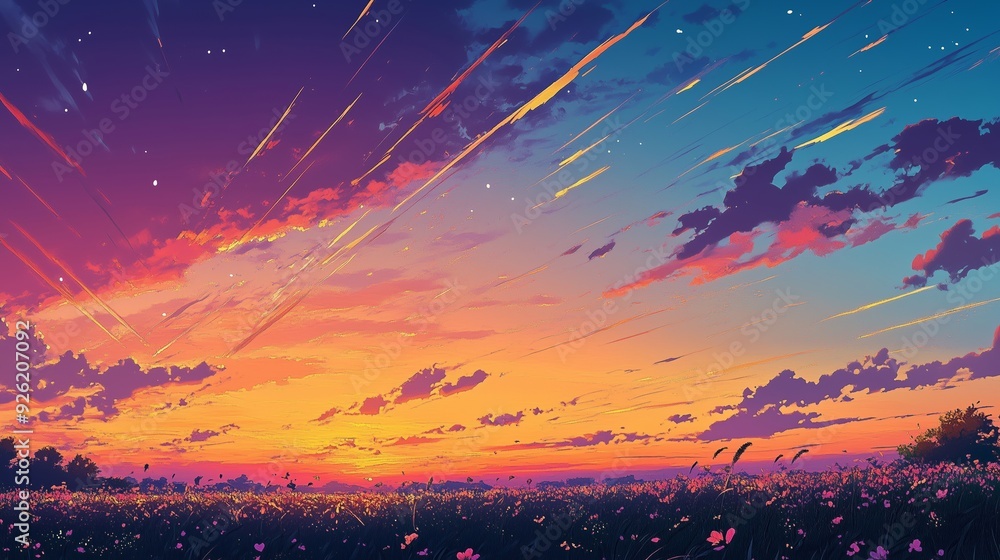 Vibrant Sunset Landscape with Flower Field and Dramatic Sky Vibrant Sunset Landscape with Flower Field and Dramatic Sky