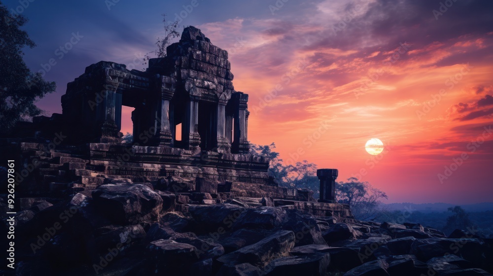 Fototapeta premium Dramatic silhouette of the Preah Vihear Temple perched on a cliff, with the sun setting behind it,
