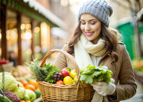 Smiling Woman Shopping for Fresh Vegetables at Outdoor Market in Autumn