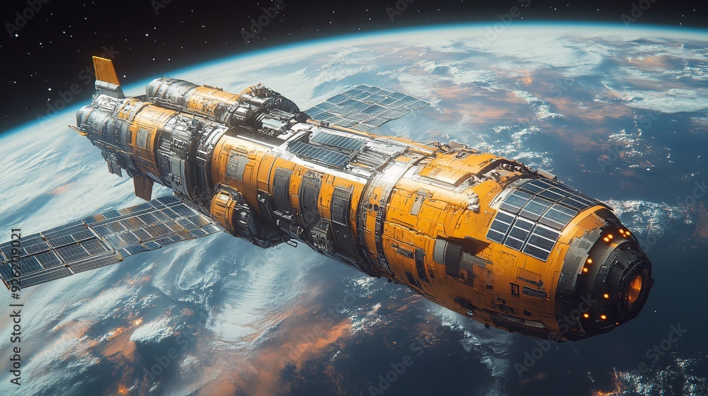 Solar-Powered Spaceship Docking at a Space Station: A spaceship with advanced solar panels approaching a large space station. Solar-Powered Spaceship Docking at a Space Station: A spaceship with advanced solar panels approaching a large space station.