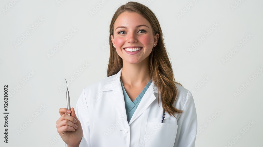 A smiling dental professional poses with a dental tool in a clean, bright clinic environment A smiling dental professional poses with a dental tool in a clean, bright clinic environment