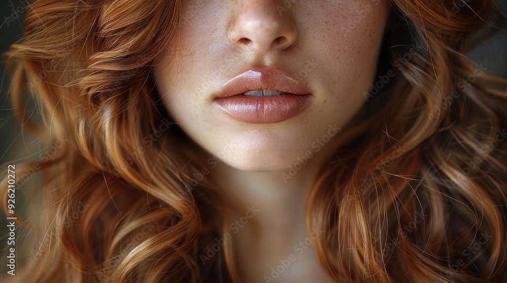 Naklejka premium Close-up of a woman with curly red hair and natural makeup, highlighting her lips and freckled skin in soft lighting