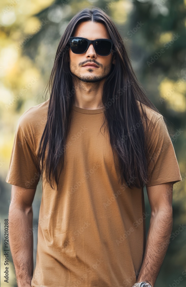 A handsome model showcases a blank t-shirt in a natural setting A handsome model showcases a blank t-shirt in a natural setting