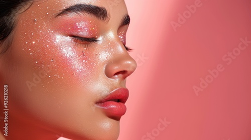 Young woman with sparkling makeup posing against a pink background in a beauty shoot
