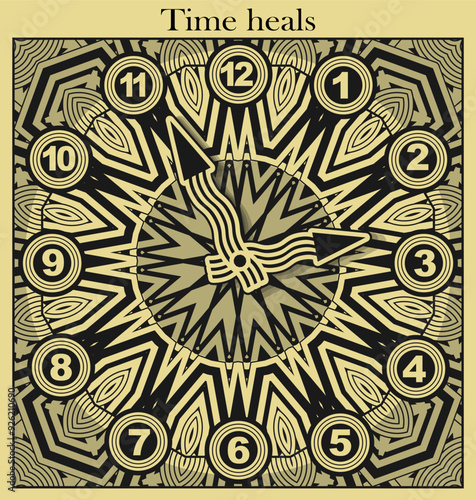 Retro style clock dial and the inscription on top - Time heals. Poster, decorative element. Vector illustration