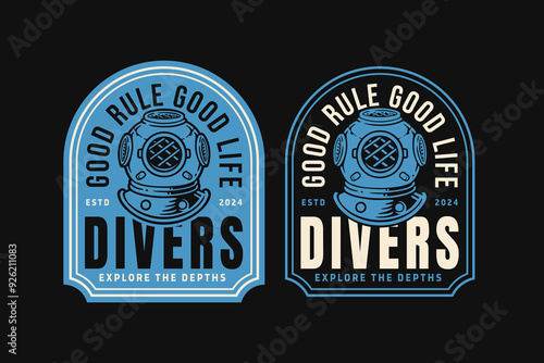 diving helmet, scuba diver helmet, marine deep sea helmet badge logo vector collection design for nautical, adventure and diving